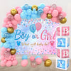 Pinke und blaue Ballon-Girlande-Hintergrund-Set für eine Gender-Reveal-Party mit Ballons und einem Schild mit der Frage: Was 