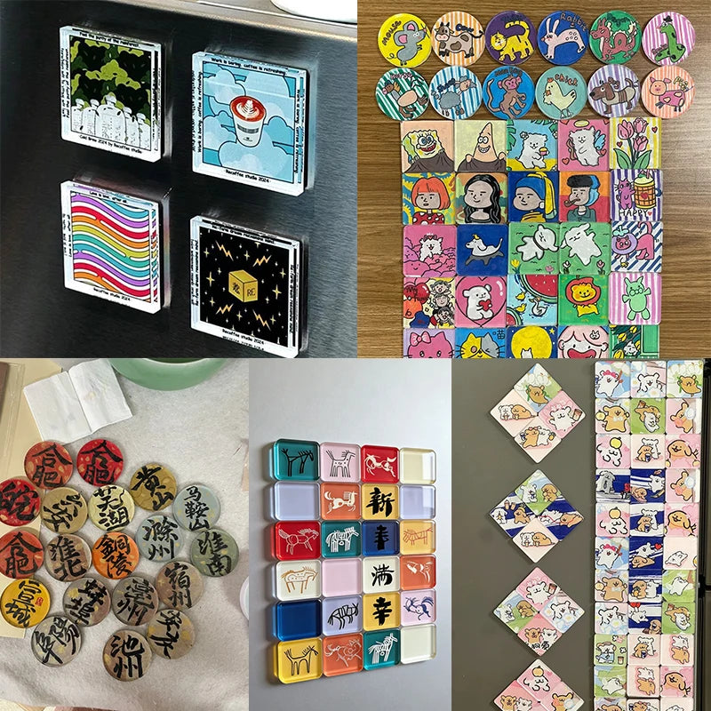 A collection of colorful, custom fridge magnets and decorative items arranged in various patterns.
