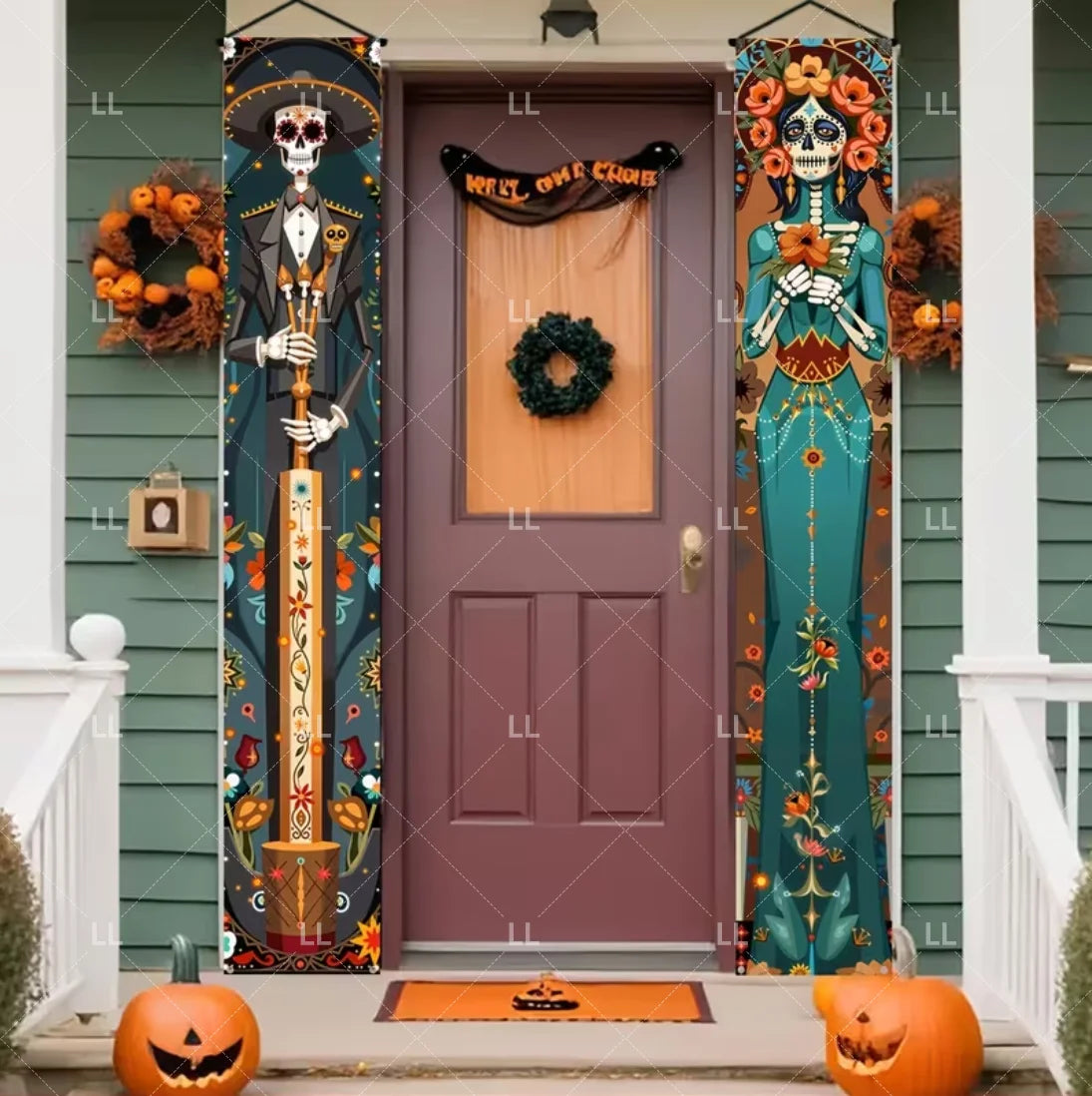 A vibrant Day of the Dead porch banner featuring a Mexican skull and floral motifs on a wooden door.