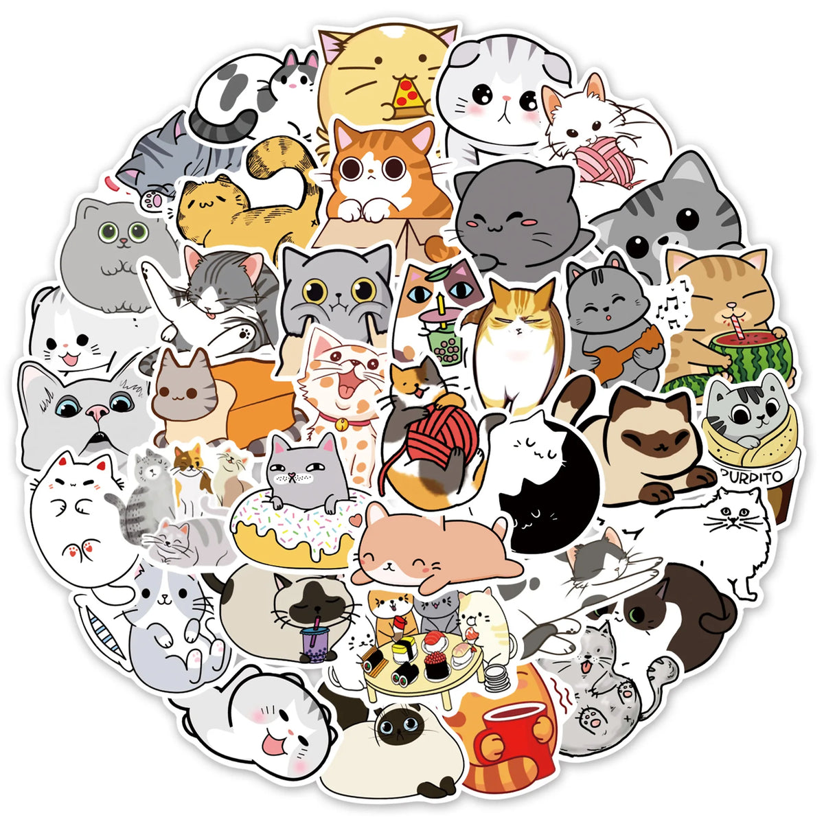 A collection of funny cartoon cat meme stickers featuring various cats in different expressions and poses.