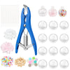 A DIY stress ball making kit showing pliers, various beads, and silicone molds for crafting.