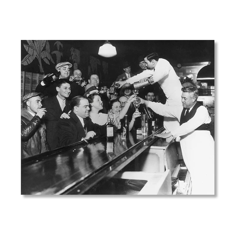 Black and white photograph of a group of men toasting in a dimly lit bar during the Prohibition era