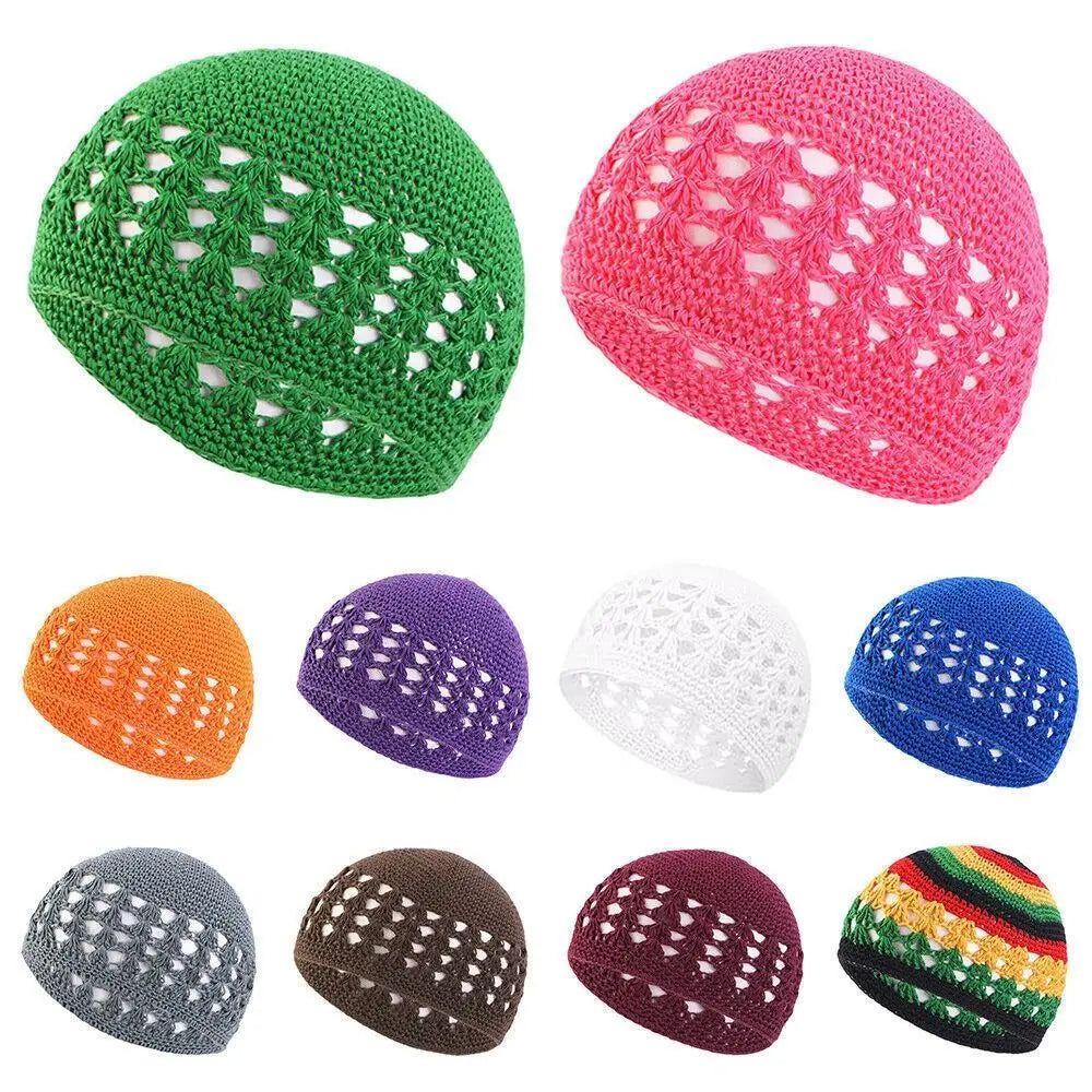 A collection of handmade crochet beanie hats in various colors including green, pink, orange, purple, white, and gray.