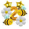 A set of six aluminum foil daisy balloons, including a number 2 and several yellow and white bee-shaped balloons.