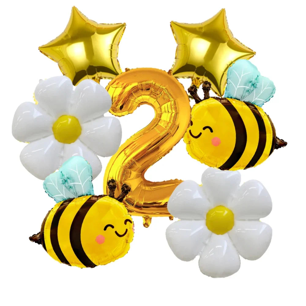 A set of six aluminum foil daisy balloons, including a number 2 and several yellow and white bee-shaped balloons.