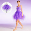 A model wears a purple tulle tutu skirt, shown alongside a diagram illustrating the length of the skirt.