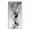 Abstract wall art featuring swirling ribbons of gold and black on a gray background