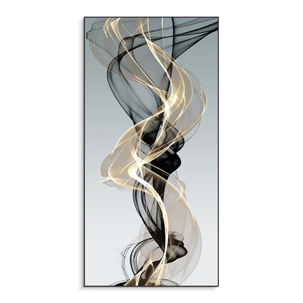 Abstract wall art featuring swirling ribbons of gold and black on a gray background