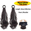 A pair of mixed white tea grey hair extensions with loops, about 20 inches long.