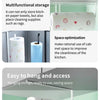 A roll of paper towels is shown being held, demonstrating a no-drill storage solution for the kitchen or bathroom.
