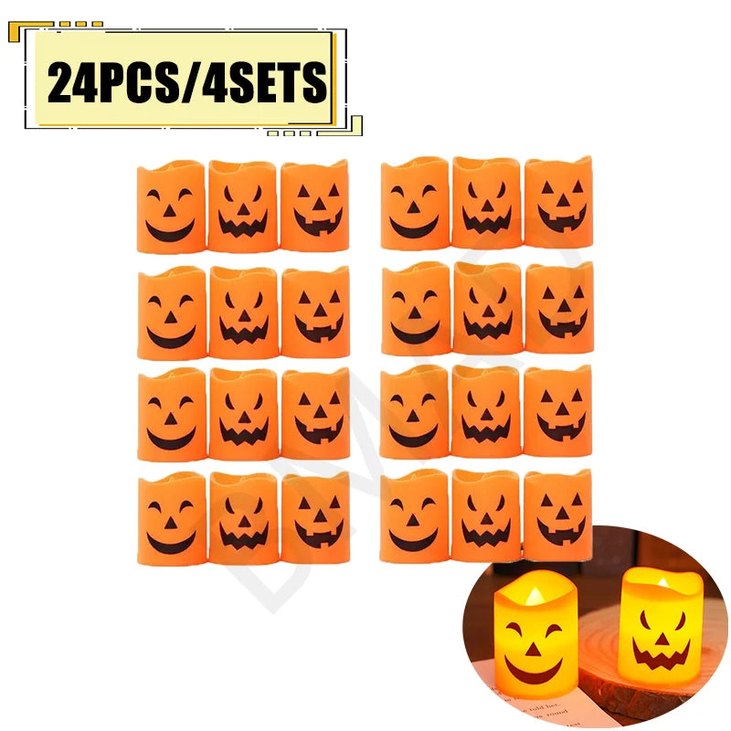 A set of 24 pieces of orange flameless LED skull and pumpkin candles for Halloween decor.