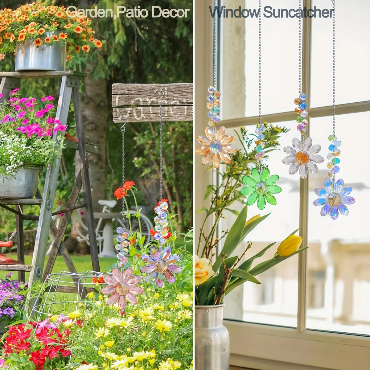 Un ensemble de diffuseurs de soleil en cristal à la forme de tournesols, suspendus dans une fenêtre avec diverses fleurs colo