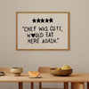 Minimalist canvas wall art featuring five black stars and the text Chef was cute would eat here again