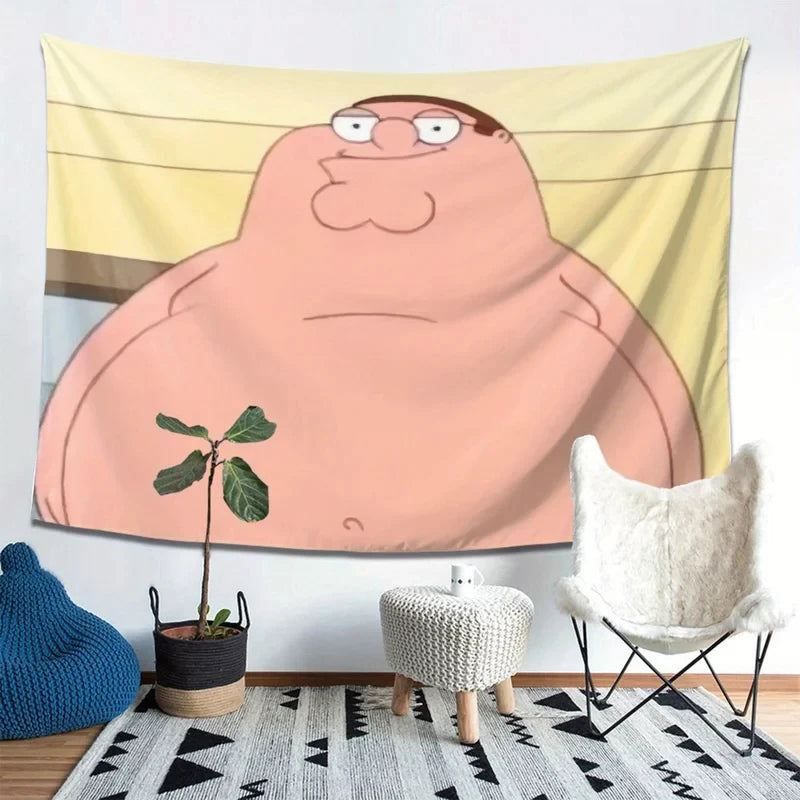 A tapestry featuring a cartoon depiction of Peter Griffin with a small plant.