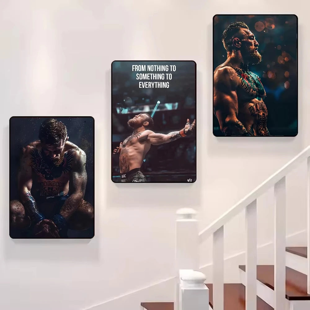 A set of three canvas wall art prints featuring Conor McGregor in boxing attire and intense poses.