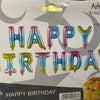 A set of iridescent foil balloons spelling out Happy Birthday in various colors.