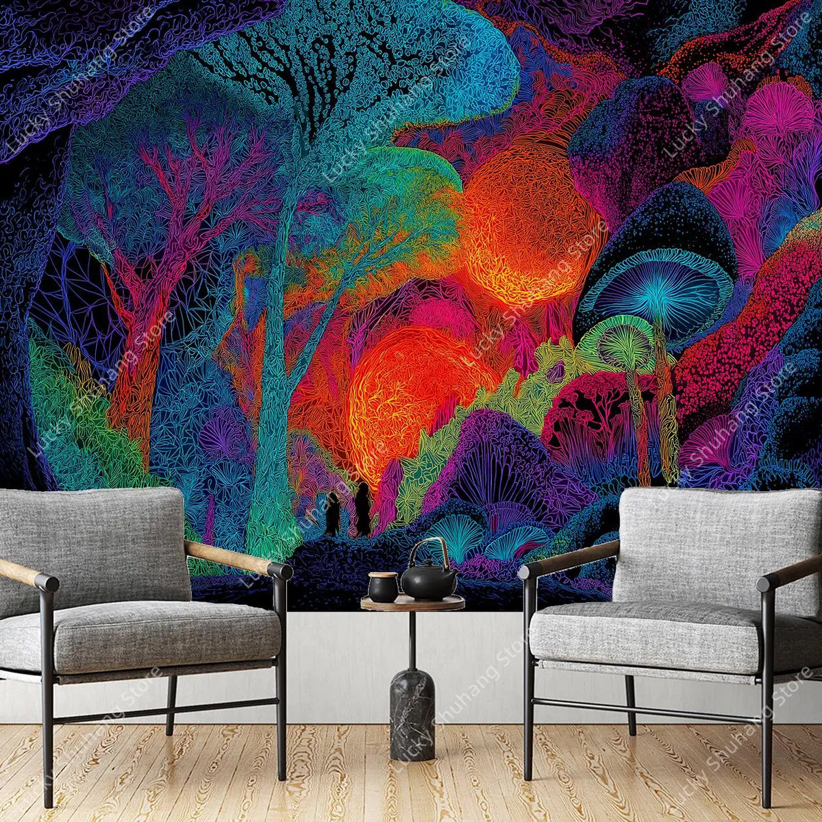 A vibrant tapestry featuring glowing geometric patterns in shades of purple, blue, and orange against a dark background.