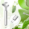 A silver nopal cactus peeler and cutter set with an ergonomic groove edge shown against a green cactus background.