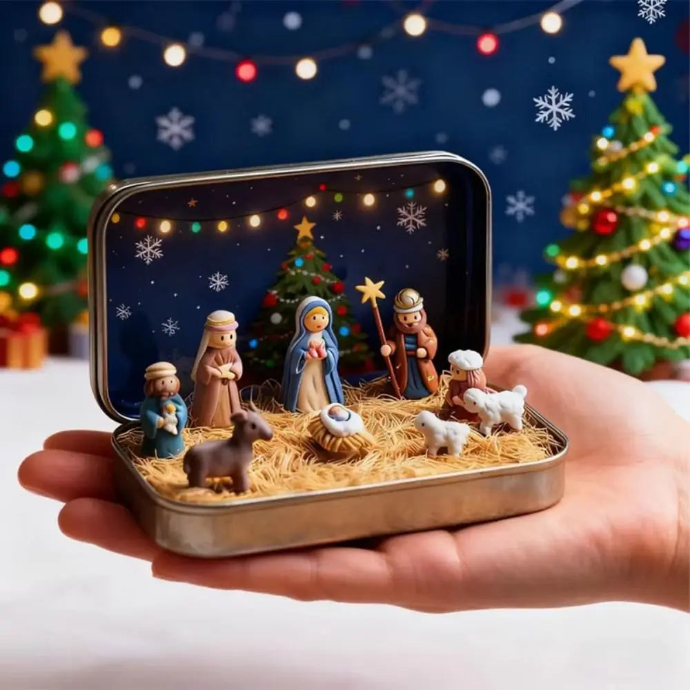 A hand holds an open tin containing a classic PVC Christmas nativity scene figurine set with animals and figures.