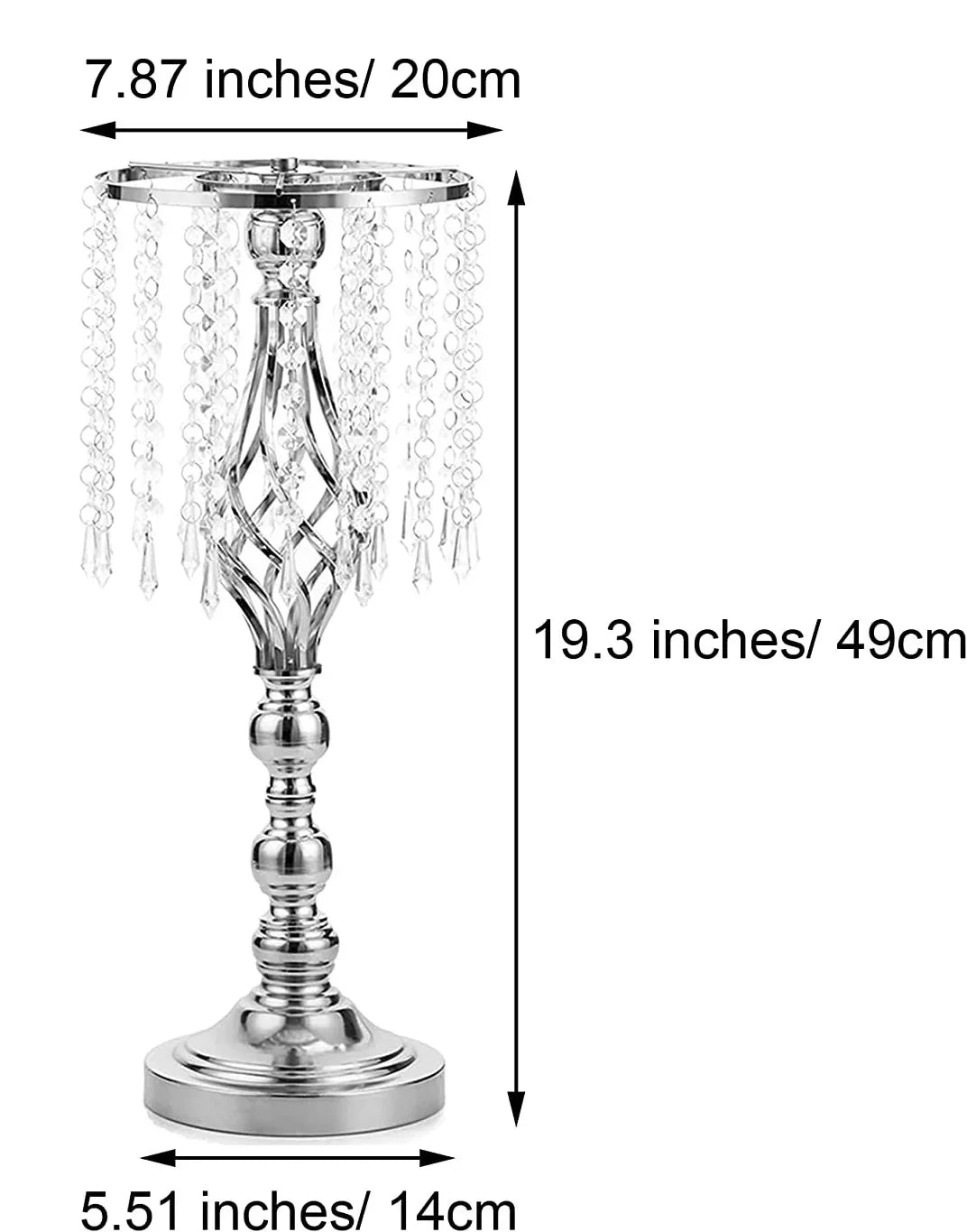 A tall, ornate crystal vase with dangling beads and a wide base.