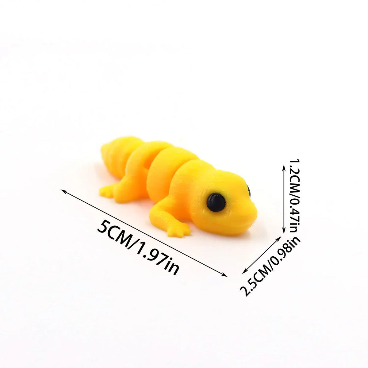 A yellow, three-dimensional cartoon animal figurine with a black eye, shown against a white background.