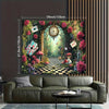 A tapestry wall hanging depicting an Alice in Wonderland fantasy scene with roses, clocks, and a checkered path.