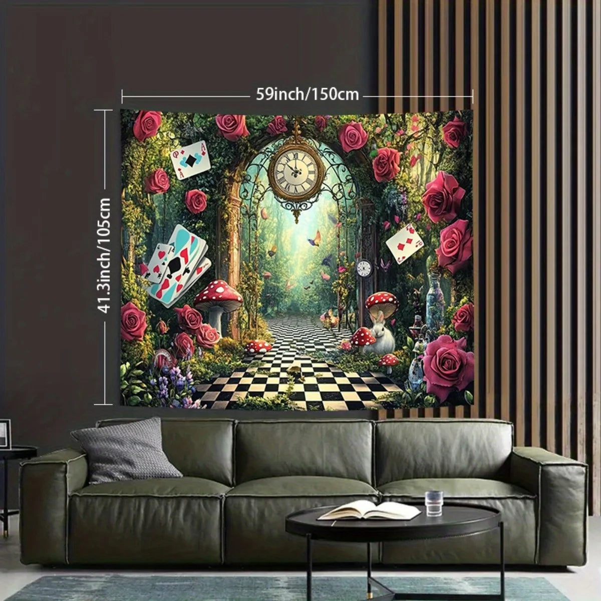 A tapestry wall hanging depicting an Alice in Wonderland fantasy scene with roses, clocks, and a checkered path.
