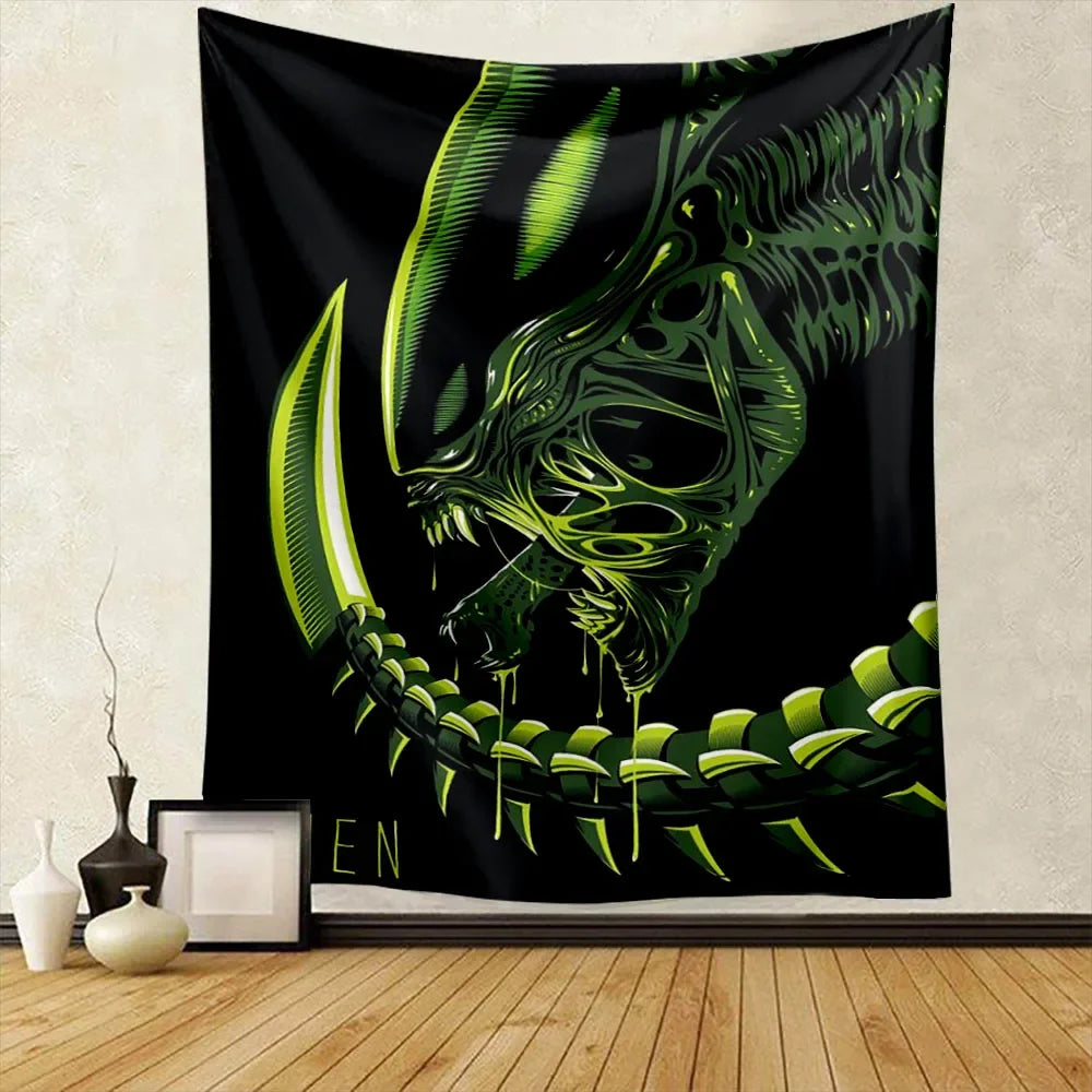 A dark tapestry wall hanging featuring a green alien predator head design.