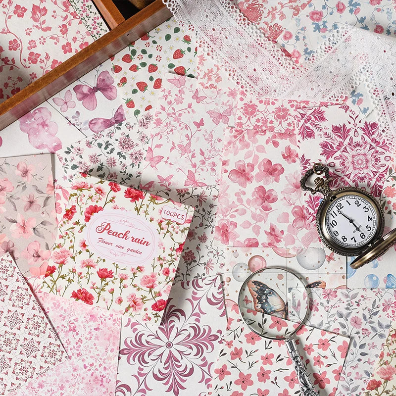 A vintage paper pack featuring pink and red floral patterns, including tissue paper, a magnifying glass, and an antique-style