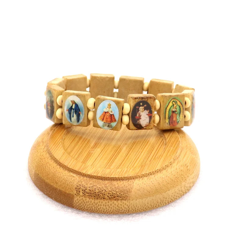 Natural wooden rosary bracelet featuring charms of the Virgin Mary and Jesus
