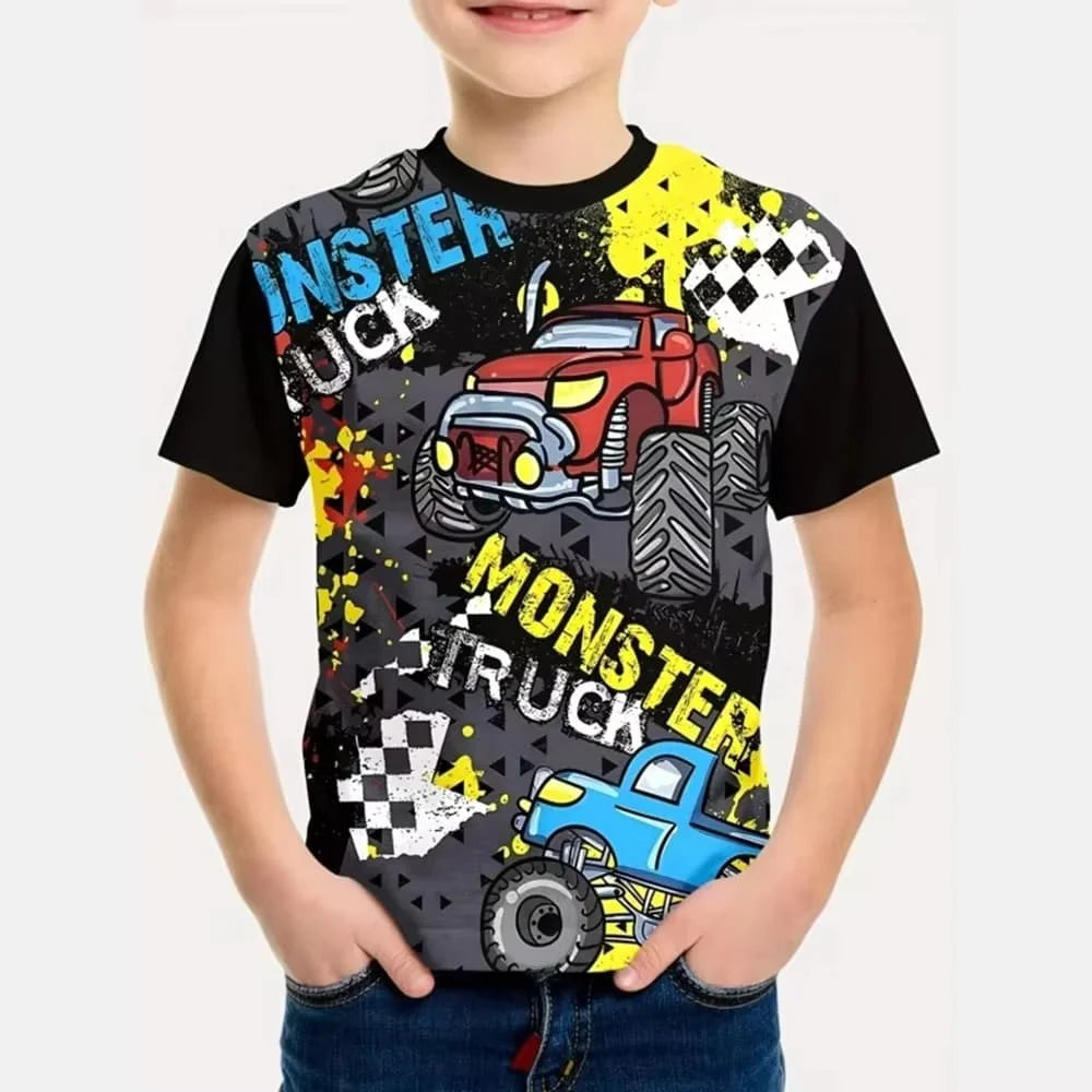 A young boy wearing a black t-shirt with a full graphic print featuring Monster Jam Grave Digger and Monster Truck themes.