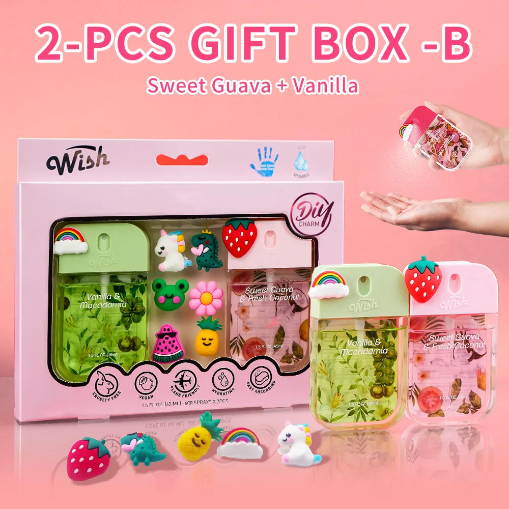 A pink gift box containing two moisturizing hand sanitizer sprays, Sweet Guava and Vanilla.