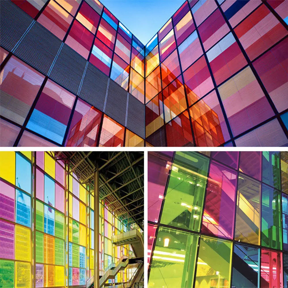 Close-up view of modern architecture featuring colorful decorative stained glass window film panels.