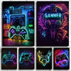 A collection of neon pop gaming art featuring various console controllers and gaming themes.