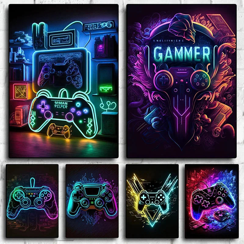 A collection of neon pop gaming art featuring various console controllers and gaming themes.