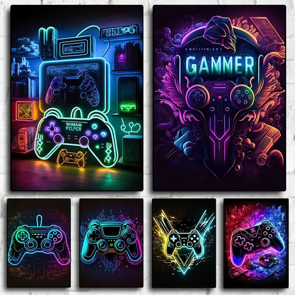 Collection d'art de jeu vidéo néon pop avec divers contrôleurs de console et thèmes de jeu.