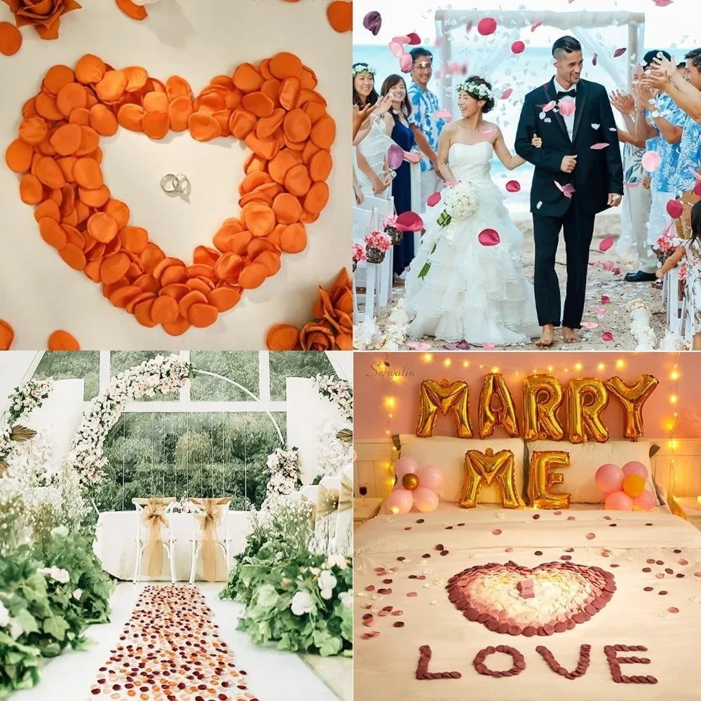 Forme de cœur faite de pétales de roses de soie orange, décorée pour un mariage ou un événement.