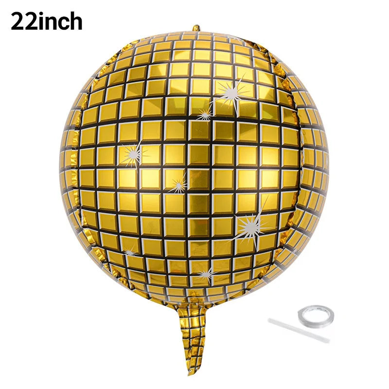 A shiny gold disco ball foil balloon with star accents.