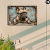 A vintage metal wall sign featuring a dog portrait in distressed blue and brown tones.