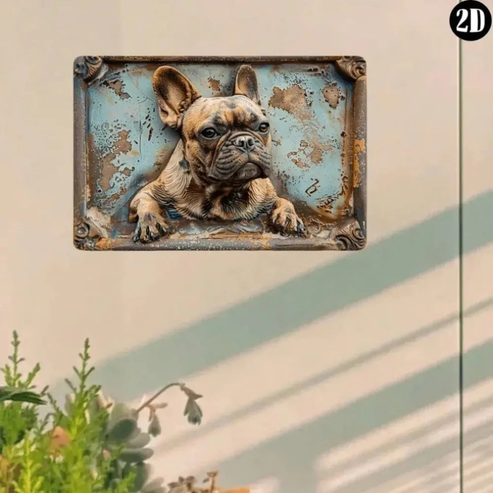 A vintage metal wall sign featuring a dog portrait in distressed blue and brown tones.
