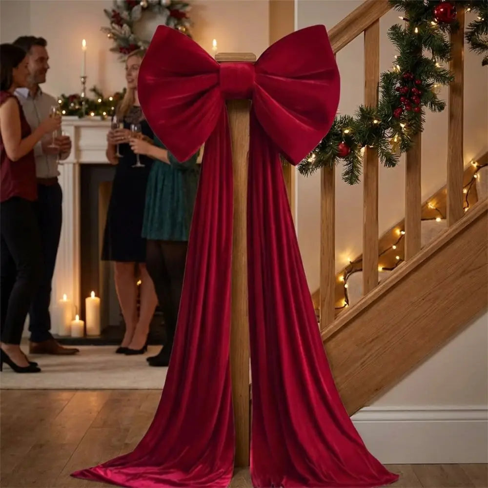 A large, deep red velvet bow with long draping tails is displayed on a wooden staircase railing.