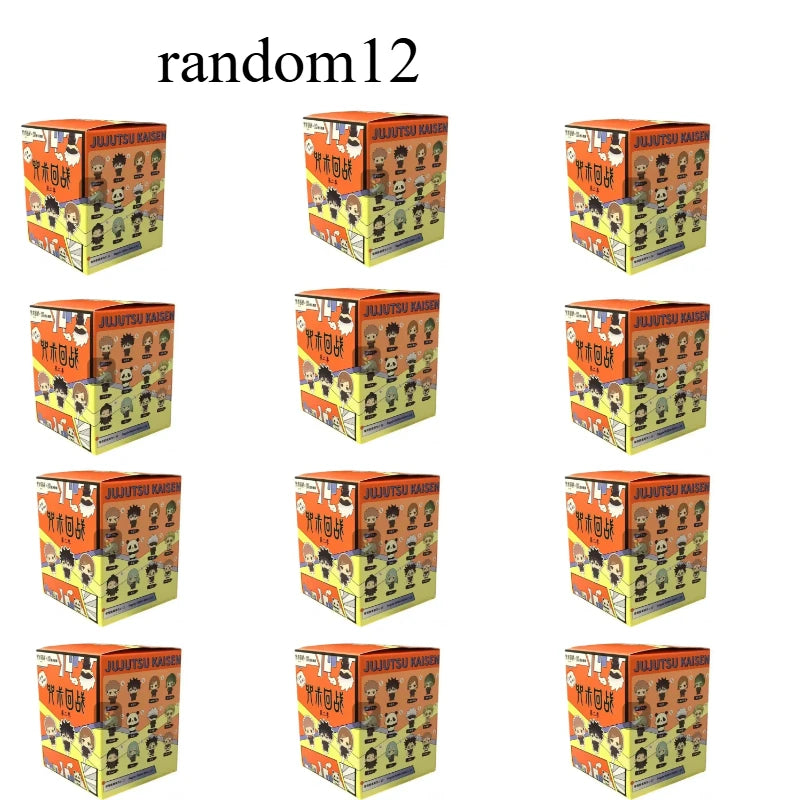 A collection of Jujutsu Kaisen blind box collectible figures packaged in cardboard boxes.