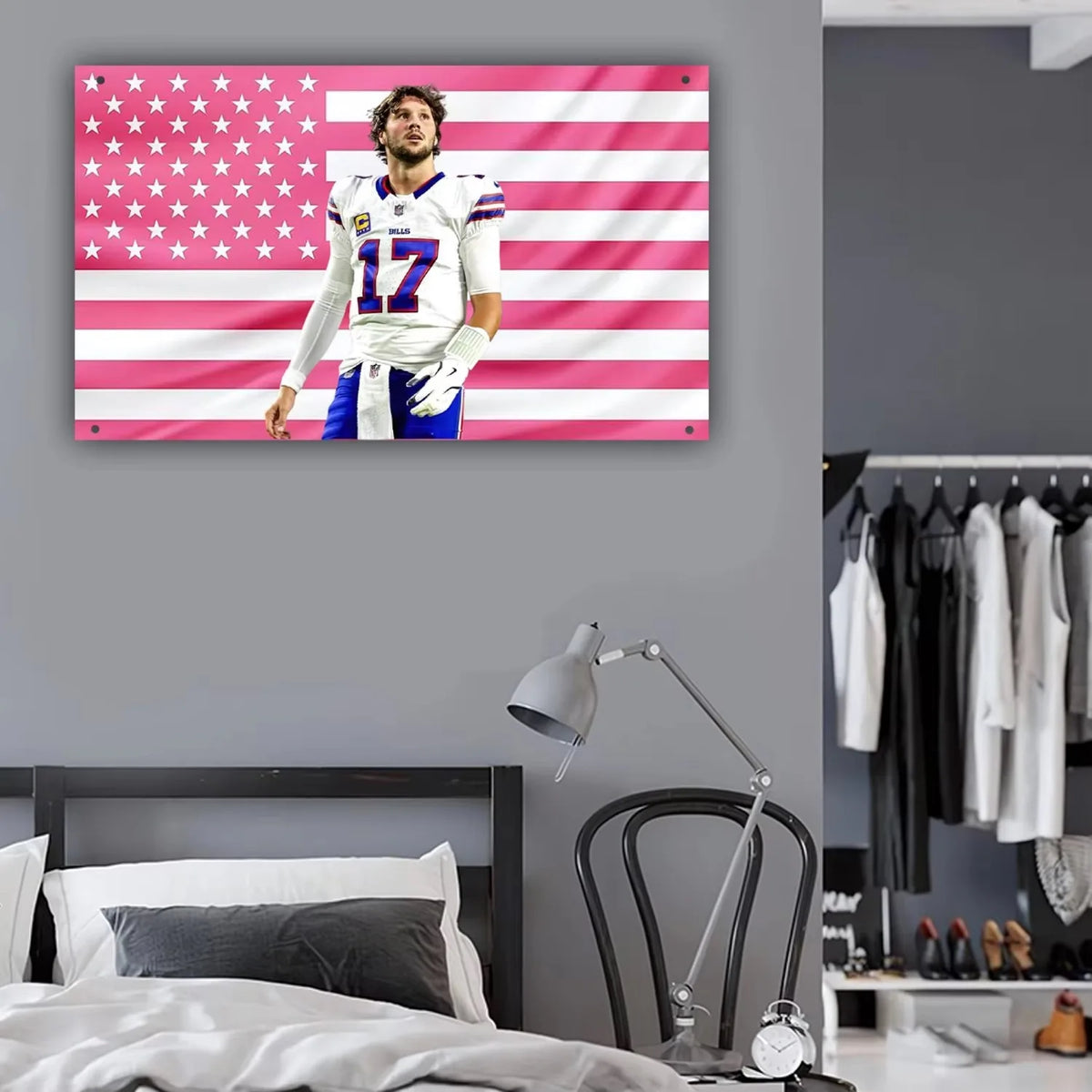 A wall hanging featuring a Buffalo Bills player in a white jersey against a pink and white American flag background.