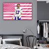 A wall hanging featuring the Buffalo Bills logo on a pink American flag background.