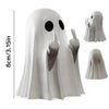 A white ghost figurine with a playful gesture, shown in various angles and sizes.