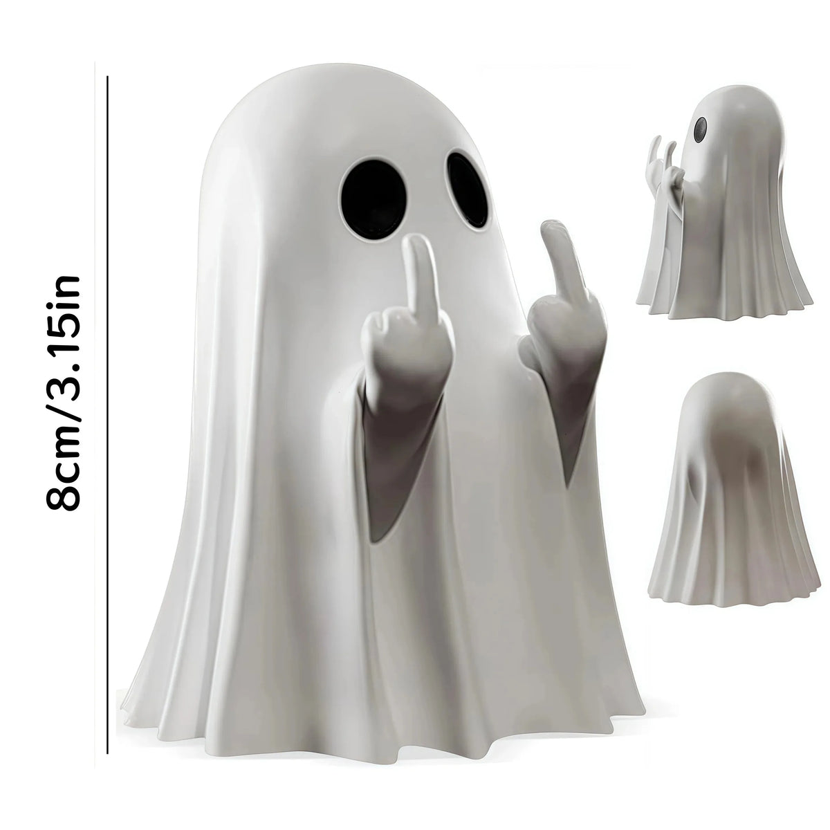 A white ghost figurine with a playful gesture, shown in various angles and sizes.