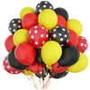 A colorful set of confetti balloons in red, yellow, and black with various polka dot patterns.