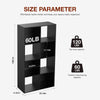 A black wooden storage organizer bookcase with six open cubbies and various size dimensions shown.