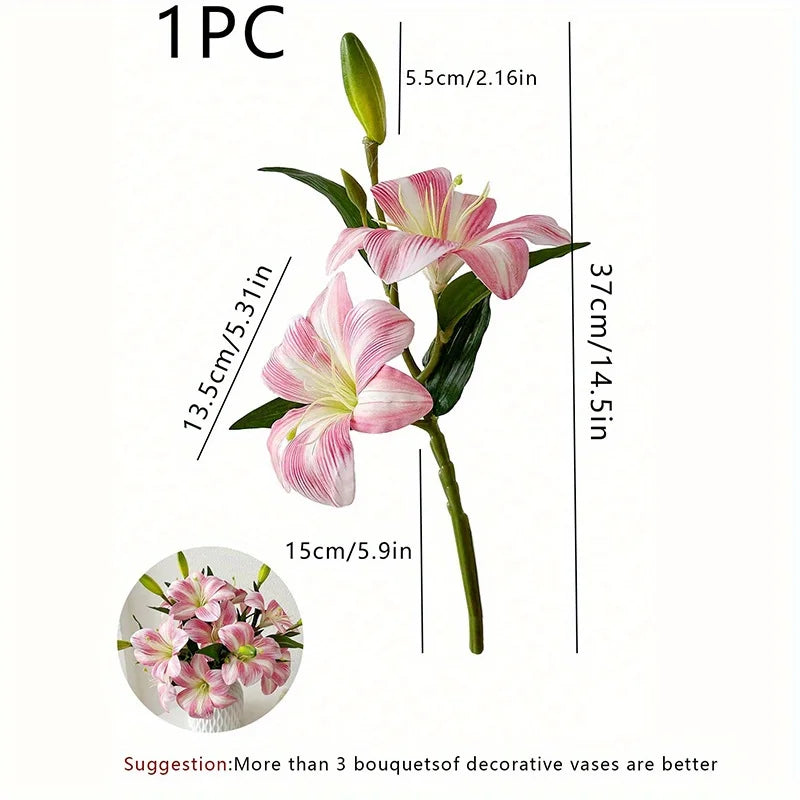 One stem of pink artificial lily with a green bud on a long stem.