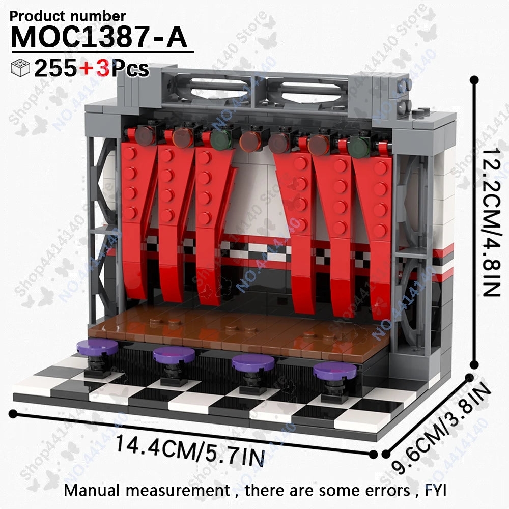A modular building block set for Five Nights at Freddy's featuring a character model in red and gray.
